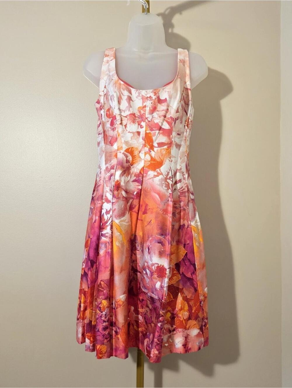 Nine West Fit and Flare Pink Floral Spring Dress sz 6